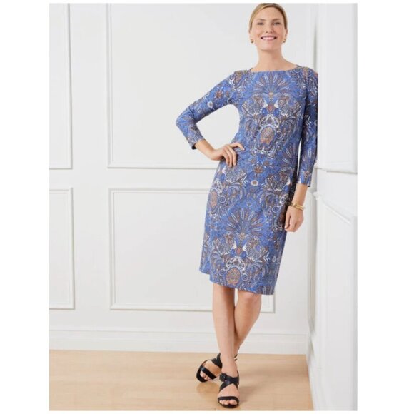 TALBOTS Effortless Jersey Shift Dress Medium Baroque Paisley Blue Stretch - Picture 2 of 10